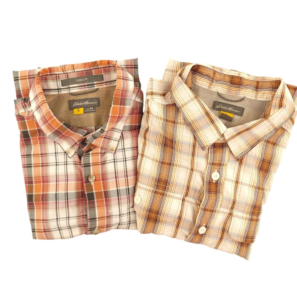 Eddie Bauer Shirt Mens M Multicolor Plaid Short Sleeve Button Up Hiking LOT OF 2